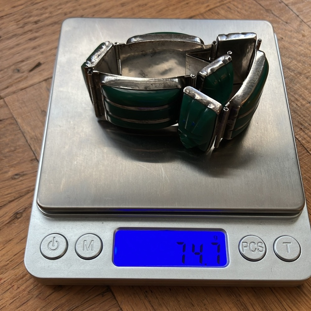 Huge Vintage Taxco Mexico Silver and Green Mask Panel Bracelet - Picture 7 of 12